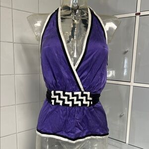 Bebe 2008 Silky Purple Peplum Deep Plunge Halter XS